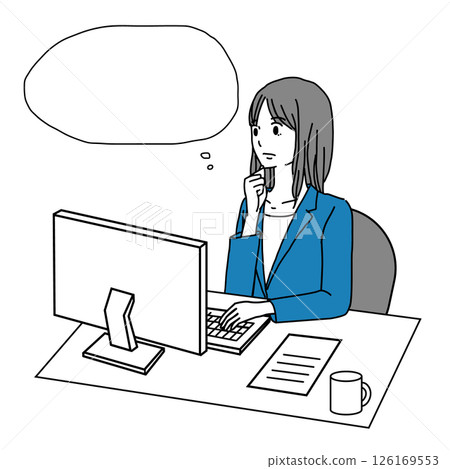 Illustration of a young business woman thinking at a computer 126169553