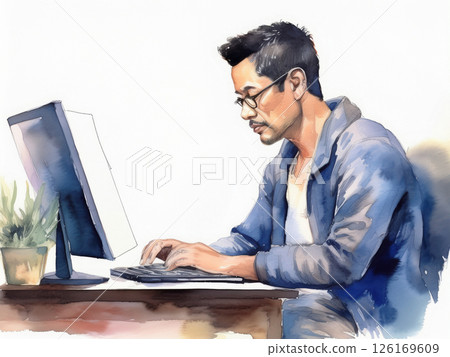 一位老人操作個人電腦的水彩畫 126169609