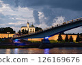 night view of the Novgorod Kremlin, pedestrian bridge over the Volkhov River 126169676