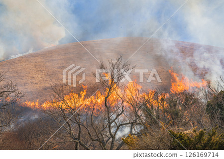 大室山的火焰與伊東市（靜岡縣）的藍天形成鮮明對比 126169714