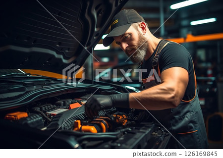Precision Care Car Mechanic in Overall Uniform Examining Engine Under Hood in a Modern, Immaculate Car Service Station Workshop. created with Generative AI 126169845