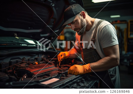 Precision Care Car Mechanic in Overall Uniform Examining Engine Under Hood in a Modern, Immaculate Car Service Station Workshop. created with Generative AI 126169846