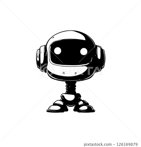 Monochrome representation of a simple robot character with cartoonish design elements 126169879