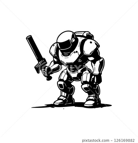 Stylized depiction of a futuristic warrior clad in heavy armor holding a weapon 126169882