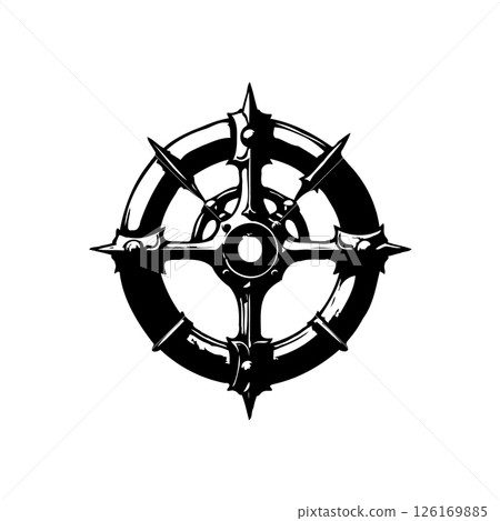 Stylized black and white radial design element with ornamental spikes and circles 126169885