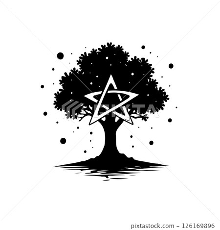 Mystical tree illustration with pentagram element amidst floating particles design 126169896