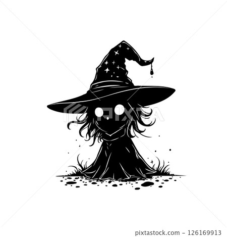 Whimsical Witch Silhouette with Star-Studded Hat on Simple White Backdrop 126169913