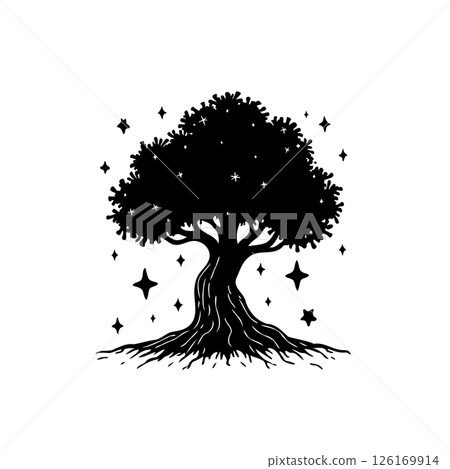 Enigmatic silhouette: Mystical tree with celestial starlight creates enchanting scene 126169914