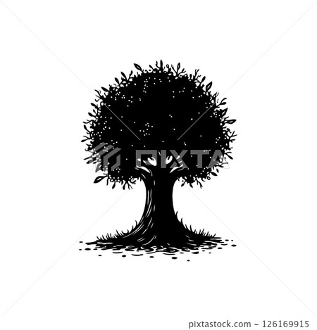 Monochromatic silhouette exhibiting a flourishing arbor against a stark backdrop 126169915