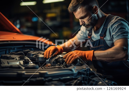 Precision Care Car Mechanic in Overall Uniform Examining Engine Under Hood in a Modern, Immaculate Car Service Station Workshop. created with Generative AI Precision Care Car Mechanic in Overall Uniform Examining Engine Under Hood in a Modern, Immaculate Car Service Station Workshop. created with Generative AI 126169924