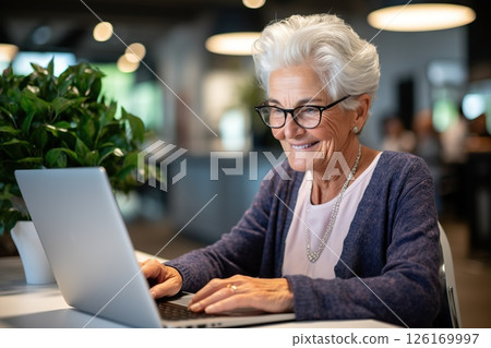 Silver Surfer Serenity Joyful Senior Woman Embraces Technology, Engaging with Laptop to Email Friends, Browse, and Share in Retirement Bliss. created with Generative AI Silver Surfer Serenity Joyful Senior Woman Embraces Technology, Engaging with Laptop to Email Friends, Browse, and Share in Retirement Bliss. created with Generative AI 126169997
