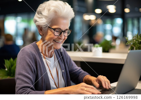 Silver Surfer Serenity Joyful Senior Woman Embraces Technology, Engaging with Laptop to Email Friends, Browse, and Share in Retirement Bliss. created with Generative AI Silver Surfer Serenity Joyful Senior Woman Embraces Technology, Engaging with Laptop to Email Friends, Browse, and Share in Retirement Bliss. created with Generative AI 126169998