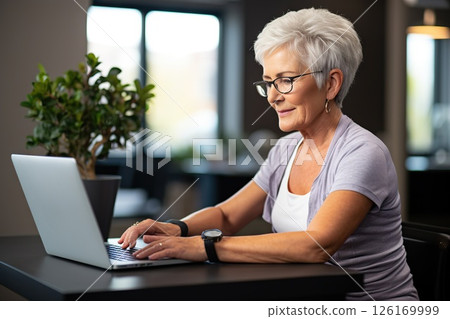 Silver Surfer Serenity Joyful Senior Woman Embraces Technology, Engaging with Laptop to Email Friends, Browse, and Share in Retirement Bliss. created with Generative AI 126169999