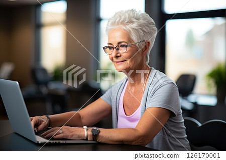 Silver Surfer Serenity Joyful Senior Woman Embraces Technology, Engaging with Laptop to Email Friends, Browse, and Share in Retirement Bliss. created with Generative AI 126170001