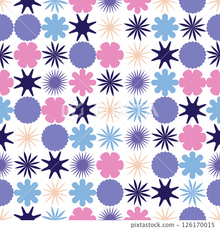 Abstract Seamless Pattern. A mix of Purple lavender pink and blue geometric shapes, stars and circles for modern design 126170015