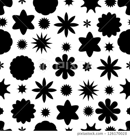 Black and white geometric floral shapes circles and stars seamless pattern, abstract minimalistic flowers. Good for textile print, web or wrapping paper Black and white geometric floral shapes circles and stars seamless pattern, abstract minimalistic flowers. Good for textile print, web or wrapping paper 126170028