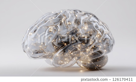 Transparent Brain Model With Glowing Neural Connections Against White Background 126170411