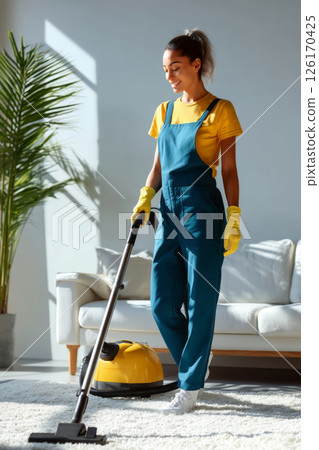 Woman in uniform vacuuming cozy living room in sunny morning light 126170425