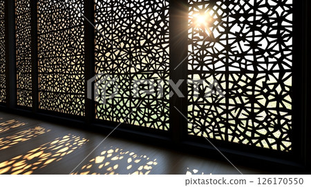 Intricate Laser Cut Metal Screen Design Sunlight Through Decorative Panel Modern Architecture Detail 126170550