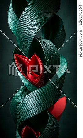 Abstract Green and Red Paper Art Swirling Ribbons and Folded Flower Design 126170554