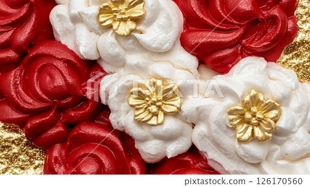 Red and White Buttercream Cake with Gold Flower Decorations Close Up Texture 126170560
