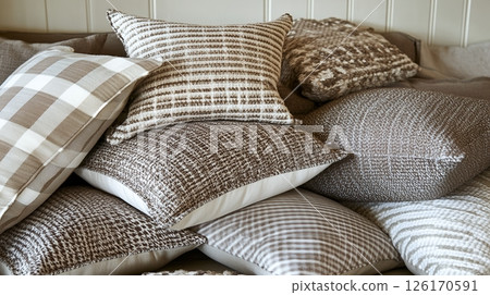 Stack of Brown and Beige Textured Throw Pillows Home Decor Cozy Autumn Interior Design 126170591
