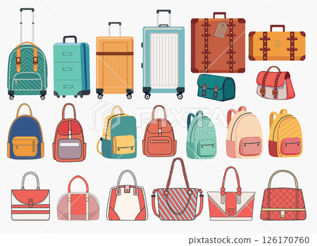 Set of leather and plastic bags and luggage on wheels, 126170760