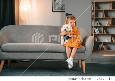 Little girl in yellow clothes is sitting on the sofa with maltese dog indoors in domestic room 126170818