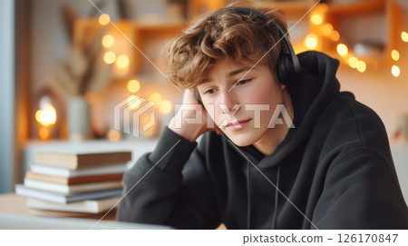 Young male student wearing headphones is focused on studying at home, surrounded by books and warm ambient lighting, creating a cozy learning atmosphere Young male student wearing headphones is focused on studying at home, surrounded by books and warm ambient lighting, creating a cozy learning atmosphere 126170847