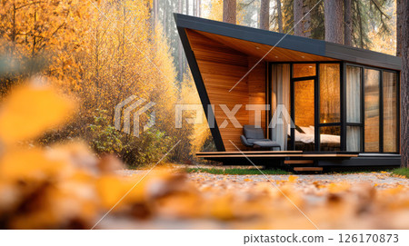 Modern architectural cabin surrounded by vibrant autumn foliage, showcasing sleek design and large windows for natural light and outdoor connection 126170873