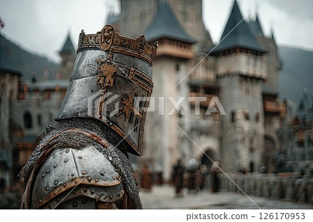 Medieval knight in steel armor against the background of castle walls. The knight, a vision of strength, stands tall in his armor against the castle, ready to defend his honor. 126170953