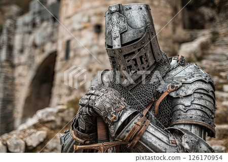 Medieval knight in steel armor against the background of castle walls. A proud knight surveys his surroundings, clad in steel armor, with the castle walls standing as a testament to history. 126170954