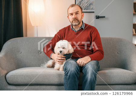 Man is sitting with his maltese dog on the sofa indoors 126170966