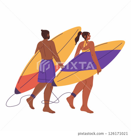 Surfer couple with water board. Vector man and woman with surfboard isolated. Sea or ocean coast sport sign. Surfing seaside vacation or tide or wave riding hobby. Tropical beach lifestyle. Aquatic. Surfer couple with water board. Vector man and woman with surfboard isolated. Sea or ocean coast sport sign. Surfing seaside vacation or tide or wave riding hobby. Tropical beach lifestyle. Aquatic. 126171021
