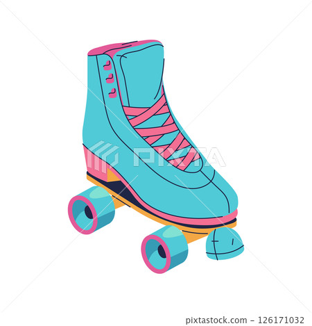 Retro roller with wheels or rollerblading footwear. Vector isolated icon for speed sport or clipart for motion and fitness hobby. Movement urban exercise item. Nostalgic emblem for athletic recreation Retro roller with wheels or rollerblading footwear. Vector isolated icon for speed sport or clipart for motion and fitness hobby. Movement urban exercise item. Nostalgic emblem for athletic recreation 126171032