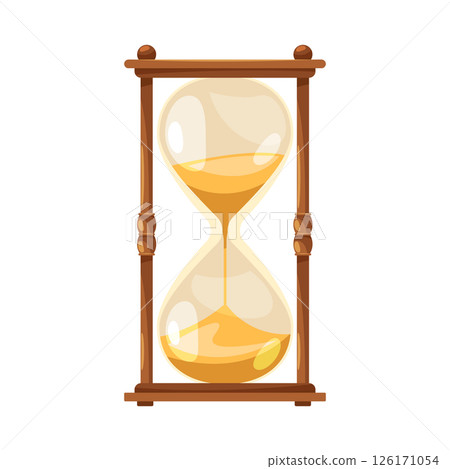 Hourglass with sand. Vector sand clock or sandglass. Antique timer or ancient watch for time measuring. Timepiece for vintage or retro decoration. Glassware timer for countdown. Time and glass item. 126171054