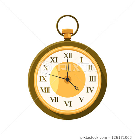 Retro round mechanical pocket watch. Vector classic analog timepiece with roman numbers on dial or clockface. Precision and time item icon. Vintage accessory for timekeeping. Portable timepiece. 126171063