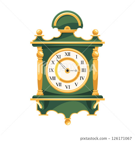 Retro or classic wall clock or watch with roman numeral. Vector round mechanical timepiece with analog clockface or dial. Traditional interior decoration for vintage. Wooden hanging house, home decor. 126171067