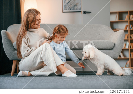 Girl is giving the sweets. Mother with daughter is at home with maltese dog Girl is giving the sweets. Mother with daughter is at home with maltese dog 126171131