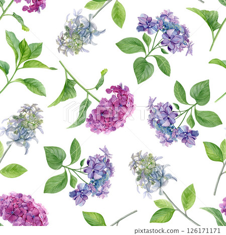 Hydrangea flowers pattern. Watercolor of pink, purple and white flowers isolated on a white background. Good for postcards, invitations, greeting cards, wallpaper, textiles Hydrangea flowers pattern. Watercolor of pink, purple and white flowers isolated on a white background. Good for postcards, invitations, greeting cards, wallpaper, textiles 126171171