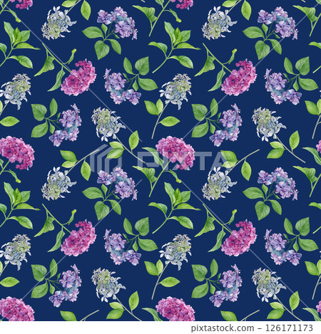 Hydrangea flowers pattern. Watercolor of pink, purple and white flowers on a dark blue background. Good for postcards, invitations, greeting cards, wallpaper, textiles Hydrangea flowers pattern. Watercolor of pink, purple and white flowers on a dark blue background. Good for postcards, invitations, greeting cards, wallpaper, textiles 126171173