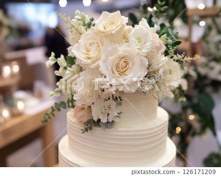 Elegant white wedding cake decorated with flowers, perfect centerpiece for a romantic celebration. Elegant white wedding cake decorated with flowers, perfect centerpiece for a romantic celebration. 126171209
