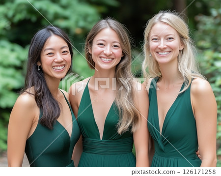 Bridesmaids in matching dresses standing together, joyful and elegant wedding moment. Bridesmaids in matching dresses standing together, joyful and elegant wedding moment. 126171258