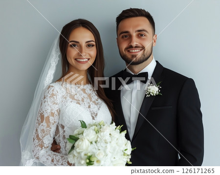 Bride and groom in festive attire, bride holding bouquet, intimate wedding portrait. Bride and groom in festive attire, bride holding bouquet, intimate wedding portrait. 126171265