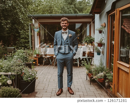 Groom in wedding suit with boutonniere in the garden, stylish and elegant look for the special day. 126171281
