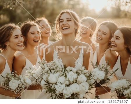 Happy bride with bridesmaids in matching dresses holding flowers, joyful wedding moment. 126171297