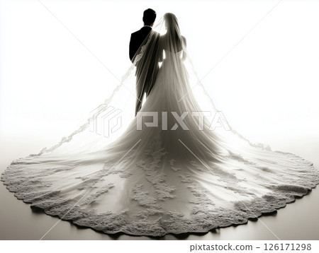 Monochrome photo of bride and groom from behind, bride with long train and floor-length veil. 126171298