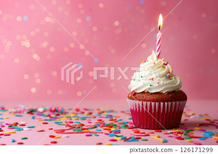 A birthday cupcake with a candle and sprinkles on pink. AI-generated content. 126171299