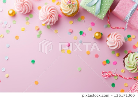 Delightful cupcakes, cheerful gifts, and colorful confetti on pink. AI-generated content. 126171300
