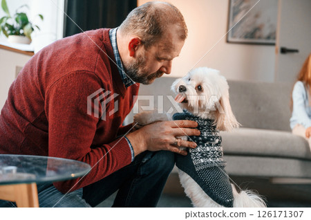 Man is taking care of his maltese dog. Girl is sitting on the sofa 126171307